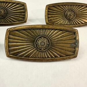 4 Brass Bronze Drawer Pulls Starburst Rectangle Ribbed Medallion Center Cabinet